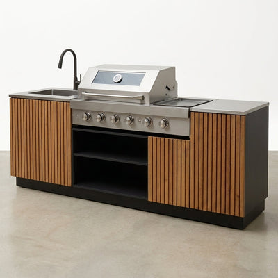 Outdoor Kitchen Island Built for Premium Backyard Cooking, Stainless Steel Worktops, Teak Cabinets, Integrated Sink