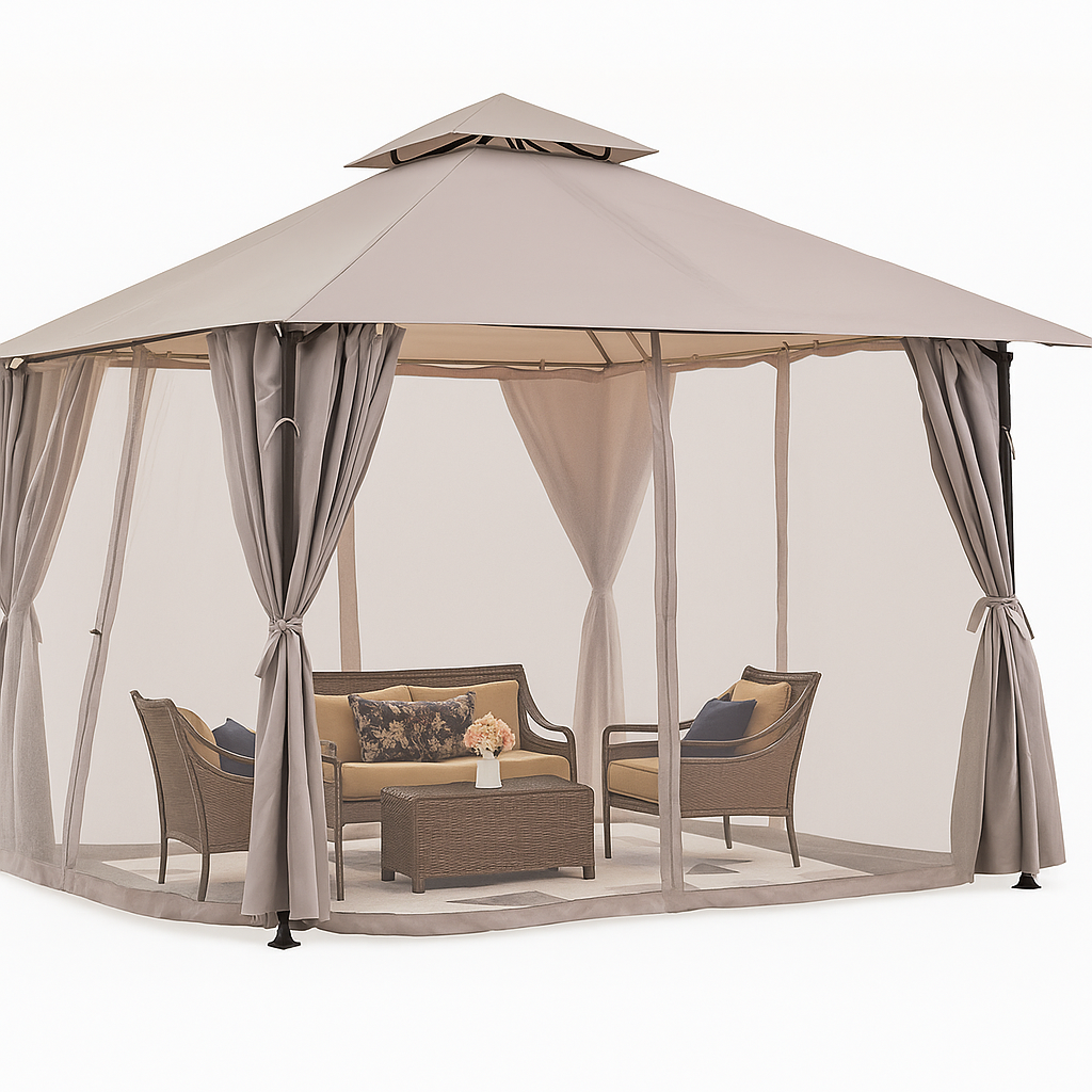 Outdoor Gazebo Built for Year-Round Elegance, Double-Tier Vented Roof, Privacy Curtains, Steel Frame