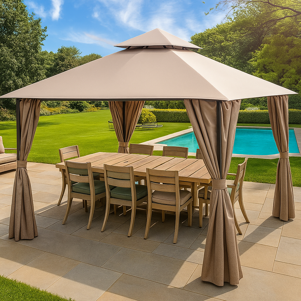 Outdoor Gazebo Built for Year-Round Elegance, Double-Tier Vented Roof, Privacy Curtains, Steel Frame