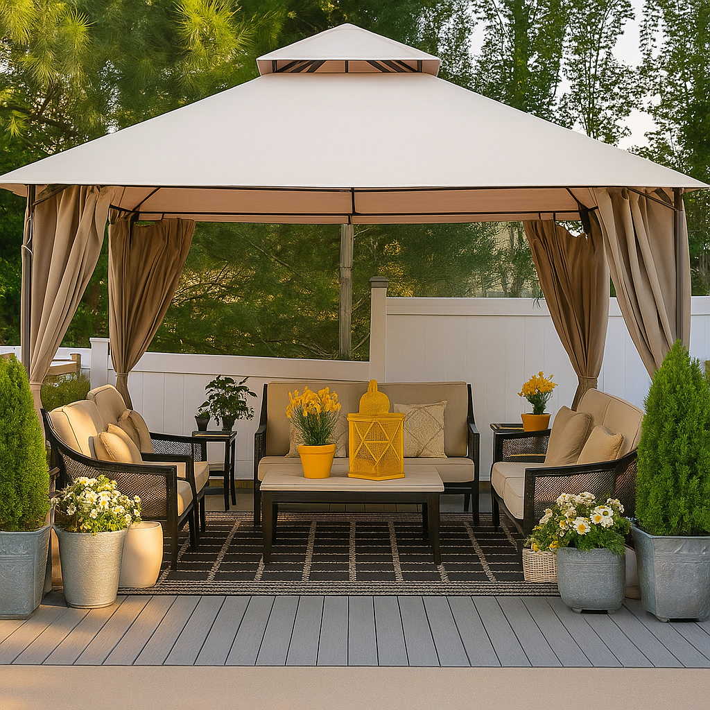Outdoor Gazebo Built for Year-Round Elegance, Double-Tier Vented Roof, Privacy Curtains, Steel Frame