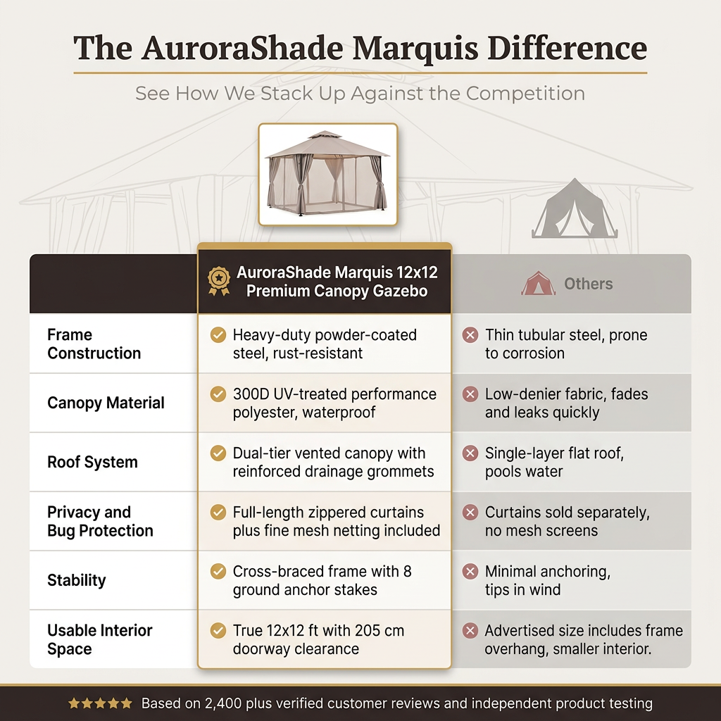 AuroraShade Marquis 12x12 Premium Canopy Gazebo — Comparison