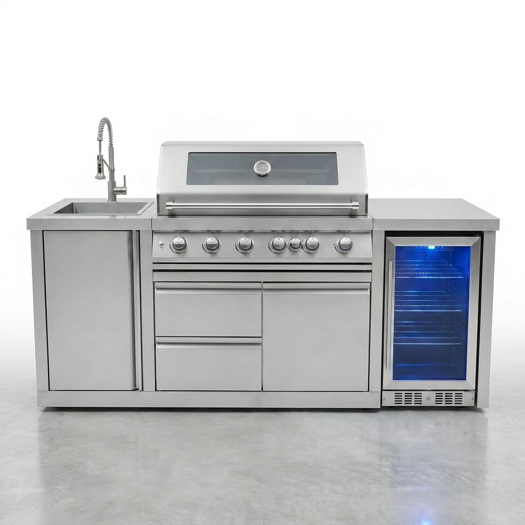 Outdoor Kitchen Built for Elite Entertaining, Marine-Grade Steel, Six-Burner Grill, Built-In Refrigerator — Studio Shot
