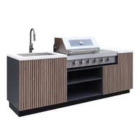 Outdoor Kitchen Island Built for Premium Backyard Cooking, Stainless Steel Worktops, Teak Cabinets, Integrated Sink
