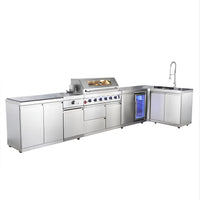 Outdoor Kitchen Built for Elite Entertaining, Marine-Grade Steel, Six-Burner Grill, Built-In Refrigerator